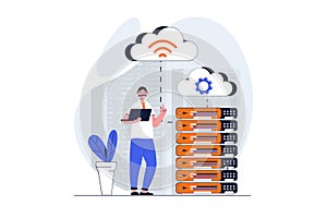 Cloud data center web concept with character scene. Man support work of servers and hosting in hardware room. People situation in
