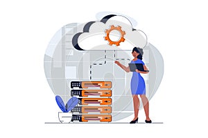 Cloud data center web concept with character scene. Woman working with cloud computing and database service. People situation in
