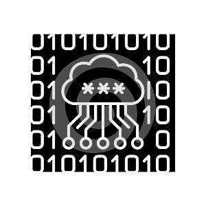 Cloud data encryption icon with binary code background, cybersecurity concept symbol for