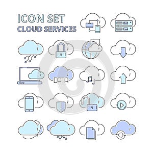 Cloud data icons. Global connection internet online secure technology web safety digital platform system vector symbols