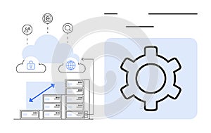 Cloud Data Management and System Optimization Concept with Server Racks and Gear Icon