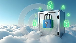 Cloud data security concept with lock and floating padlocks