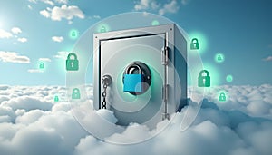 Cloud data security concept with safe and floating padlocks