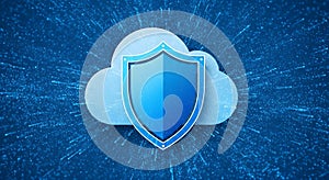 Cloud data security and protection concept with shield icon over clouds, digital network background