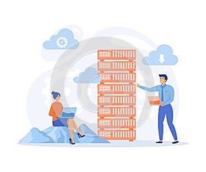 Cloud data server, online database storage technology concept.
