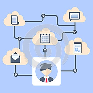 Cloud data server synchronize user protection, flat design icon drawing
