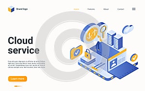 Cloud data service isometric landing page, user or admin using hosting server database