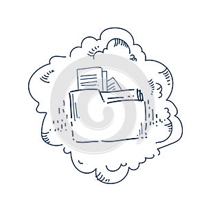 Cloud data storage folder file sharing service concept over white background sketch doodle banner