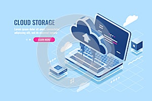 Cloud data storage isometric icon, uploading file on cloud server for remote access concept, laptop computer, database