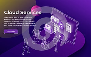 Cloud data storage and remote data access flat 3d isometric business concept.