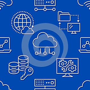 Cloud data storage seamless pattern with line icons. Database background, information, server center, global network