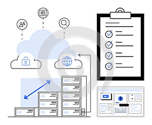 Cloud Data Storage with Server Network, Checklist, and Digital Analytics Dashboard Concept