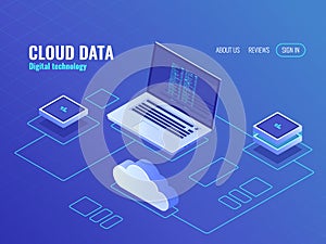 Cloud data storage services, server room isometric icon, laptop with program code on screen, secure data transfer