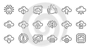 Cloud data and technology icons. Hosting, Computing data and File storage. Linear icon set. Vector