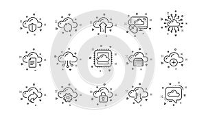 Cloud data and technology icons. Hosting, Computing data and File storage. Linear icon set. Vector