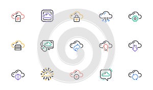 Cloud data and technology icons. Hosting, Computing data and File storage. Linear icon set. Vector