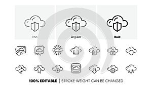 Cloud data and technology icons. Hosting, Computing data and File storage. Linear icon set. Line icons. Vector
