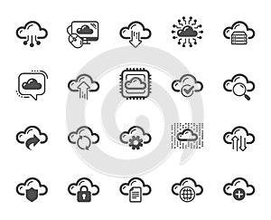 Cloud data and technology icons. Set of Hosting, Computing data and File storage. Vector