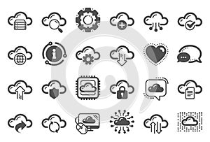 Cloud data and technology icons. Set of Hosting, Computing data and File storage. Vector
