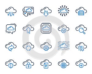 Cloud data and technology line icons. Set of Hosting, Computing data and File storage. Vector