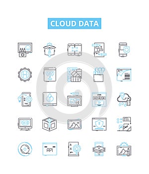 Cloud data vector line icons set. Cloud, Data, Storage, Platform, Computing, Backup, Virtualization illustration outline