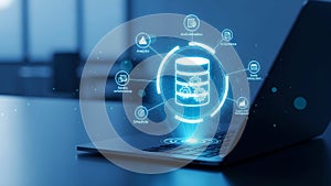 Cloud Database Analytics Technology Digital Network Management on Laptop Blue Background