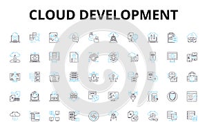 Cloud development linear icons set. Scalability, Virtualization, Automation, Containerization, DevOps, Microservices photo