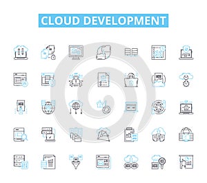 Cloud development linear icons set. Scalability, Virtualization, Automation, Containerization, DevOps, Microservices photo