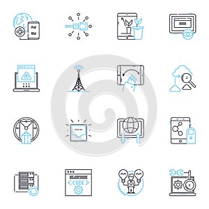 Cloud devices linear icons set. Storage, Computing, Mobility, Efficiency, Connectivity, Flexibility, Accessibility line