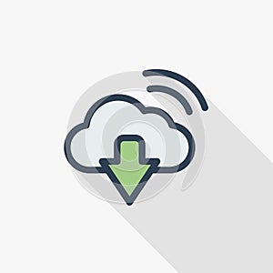 Cloud download, computer technology thin line flat color icon. Linear vector symbol. Colorful long shadow design.