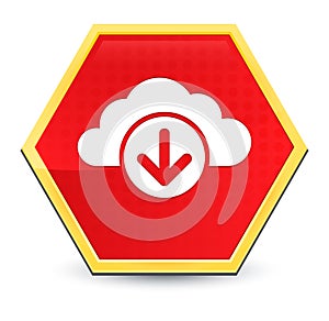 Cloud download icon abstract red hexagon button bright yellow frame elegant design