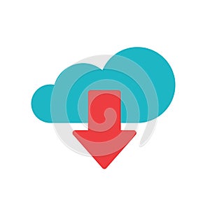 Cloud download icon vector, flat cartoon blue cloud with downloading or subscription red arrow technology symbol, data