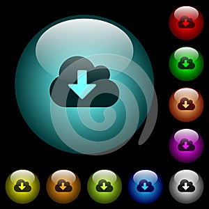 Cloud download icons in color illuminated glass buttons