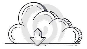 Cloud with downward arrow, symbolizing data download and file retrieval, vector design Generative AI