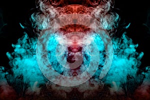 A cloud of dynamic smoke exhaled from a vape is highlighted in different colors and dissipating in the shape of the head of an