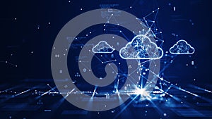 Cloud and edge computing technology concept with cybersecurity data protection system. Three large cloud icons stand out on the