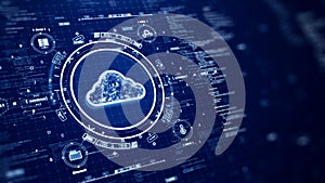 Cloud and edge computing technology concepts with cybersecurity data protection. Icons and polygons are connected inside the