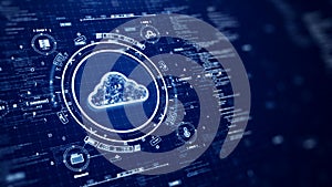 Cloud and edge computing technology concepts with cybersecurity data protection. Icons and polygons are connected inside the photo