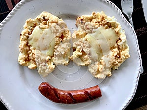 Cloud Eggs with Bratwurst Sausage Smile Happy Face Shape Breakfast Plate