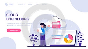 Cloud engineering concept. Cloud computing, web hosting platform. Data uploading and database servers. Private cloud