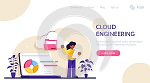 Cloud engineering concept. Cloud computing, web hosting platform. Data uploading and database servers. Private cloud