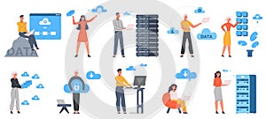 Cloud engineering, data storage, clould service server. Data cloud server, network hosting online services vector illustration set