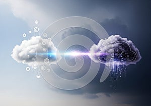 Cloud features circuitry and data patterns, indicating technology