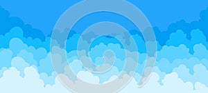 Cloud flat background. Cartoon blue sky pattern abstract cloudy frame summer poster scene. Vector clouds graphic