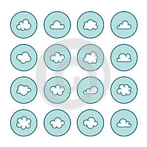 Cloud flat line icons. Clouds symbols for data storage, weather forecast. Thin signs for hosting