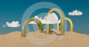 a cloud is floating over a sculpture in the sand dunes of a beach area with a blue sky and white clouds, 3D render, surrealism