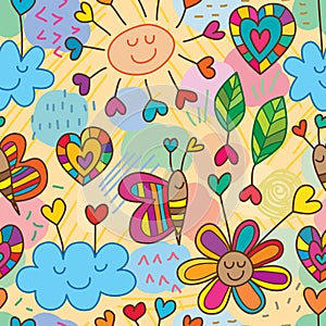 Cloud flower love unsteady drawing seamless pattern