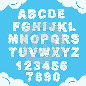 Cloud font. Sky Alphabet. Cloudy Chubby letters and numbers. Heaven fluffy typeface. Vector