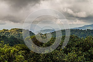 Cloud forest covering Reserva Biologica Bosque Nuboso Monteverde, Costa Rica. Arenal volcano in the backgroun
