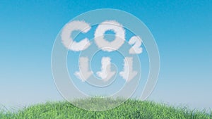 cloud forming a CO2 text and arrow down shape, green grass field and clear blue sky.